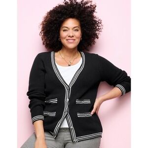 Talbots Textured V-Neck Cardigan Tipped Stripe Cotton Preppy Classic X/XL NWT